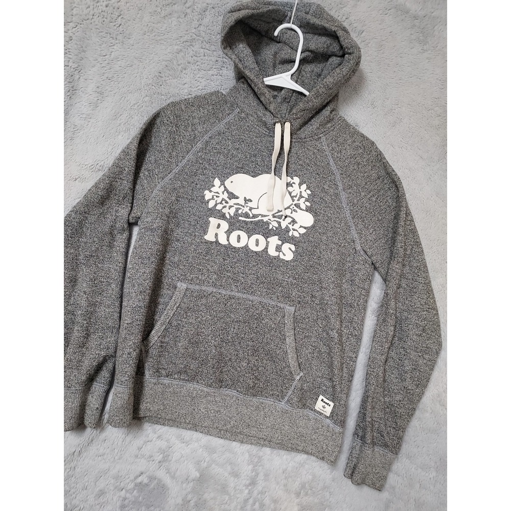 Roots Hoodie Womens Medium Salt And Pepper Logo Hoodie Gray Drawstring Canada M
